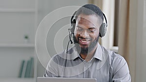 African man webinar speaker streaming live web training. Call center agent, service support manager speaking to distance