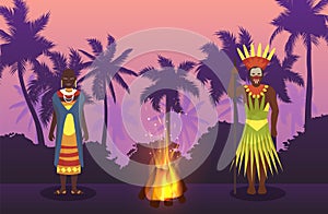 African man and woman in traditional tribal ethnic cloths in night Africa before fire vector illustration. African man