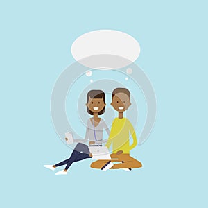 African man woman using laptop sitting couple chat bubble character full length over blue background flat