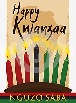 African Map over Ancient Scroll and Lighted Candles for Kwanzaa, Vector Illustration photo