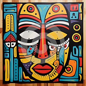 African Mask 4 Panel Painting - Folklore-inspired Art By Arik Brauer And Daniel Clowes