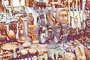 African masks, Morocco. Gift shop in Agadir.