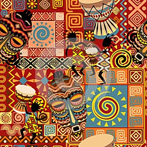 African Masks, Musician and dancer, Bongos, Tribal Decorative Elements Vector Seamless Repeat Textile Pattern Design