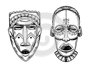 African masks of savages engraving style vector