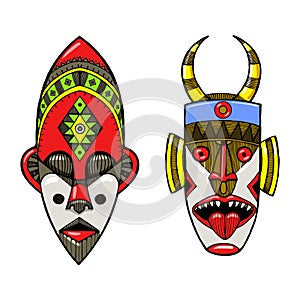 African masks of savages engraving style vector