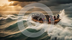 african migrants lost in a dangerous storm in mediterranean, sea dreaming of european future