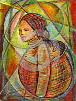 African Mother Carries her child in her Back Sack Abstract Impressionist Art