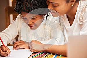 African mother, daughter and teaching for test, home and notebook for learning, education and support of mom. House