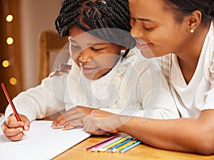 African mother, daughter and teaching to write, home and notebook for learning, education and support of mom. House