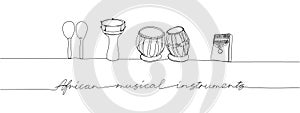 African musical instruments set one line art. Continuous line drawing of drums, maracas, darbuka, bongos, kalimba with