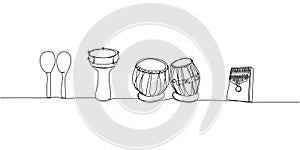 African musical instruments set one line art. Continuous line drawing of drums, maracas, darbuka, bongos, kalimba