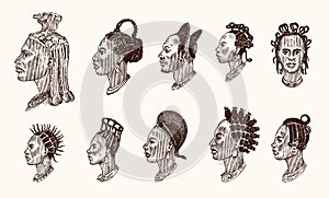 African national male hairstyles. Profile of a man with curly hair. Different Afro Dreadlocks. Ancient faces of people