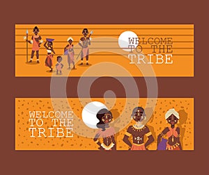 African native family tribe people, vector illustration. Banners for travel agency website design, exotic tours to