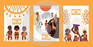 African native tribe people, vector illustration. Set of banners, travel postcards welcome to Africa. Cartoon characters