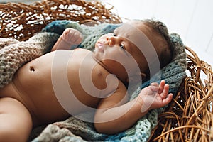 African newborn kid lying in wicker cradle