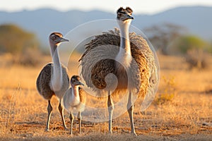 African ostrich family explores the serene savanna on an unforgettable safari adventure