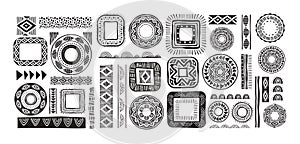 African pattern elements, symbols, icons. Black and white tribal, Aztec, African, Indian hand drawn lines, elements