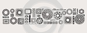 African pattern elements, symbols, icons. Black and white tribal, Aztec, African, Indian hand drawn lines, elements