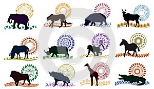 African patterns with animal silhouettes, set of12 pictures.