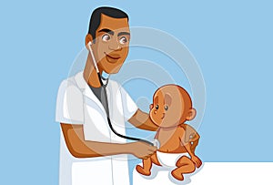 African Pediatrician Holding Stethoscope Examining Happy Baby