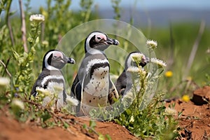 African penguin family joyfully explores the wild habitat during their enthralling safari adventure