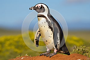 African penguin on safari. Discovering the wonders of the savanna on an exciting wildlife adventure. Wild nature