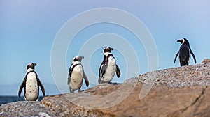 The African penguins on the stony shore in twilight evening with sunset sky. Scientific name: Spheniscus demersus, penguin