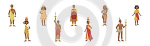 African People Character Standing Aboriginal in Traditional Tribal Clothing Vector Set