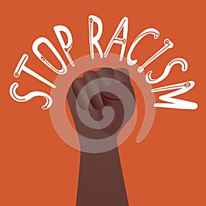 African people fist isolated as protest concept, black life matters, flat vector stock illustration with text Stop racism