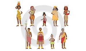 African People Set, Aboriginal Men, Women and Kids in Bright Traditional Tribal Clothing Vector Illustration