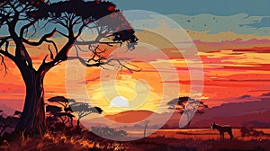 African Plain Sunset: A Stunning Decorative Painting In 8k Resolution