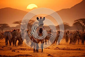 African Plains: Zebras Feasting in Sunlight.