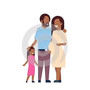 African pregnant mother father daughter full length avatar on white background, successful family concept, flat cartoon