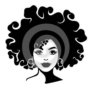 African pretty woman with afro and bun hairstyle portrait. Silhouette on white background. Vector.