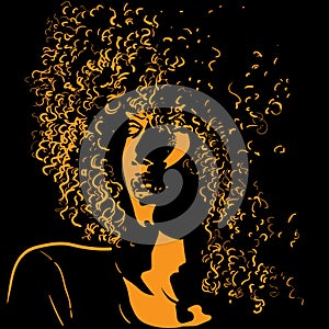 African pretty woman with afro hair style portrait silhouette in contrast backlight. Vector.