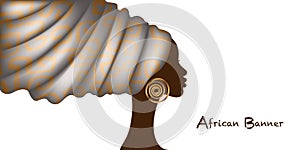 African print turban head wrap, Banner portrait beauty Woman in Afro hairstyles, logo design black women hair dress, vector Africa
