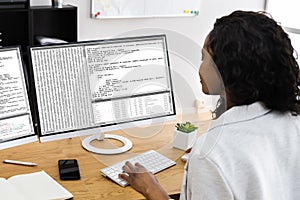 African Programmer Woman Coding Software On Computer