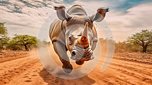 African rhinoceros charges with incredible speed African savannah. Generative AI
