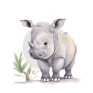 African rhinoceros. Watercolor drawing, hand-drawn rhinoceros in watercolor on a white background with blue and gray paint. for