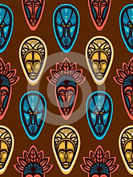 African ritual masks. Seamless pattern with faces.