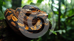 African rock python coiled around a jungle tree branch
