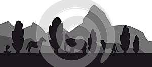 African safari animal silhouette landscape elephants, giraffes, tiger and cobra, vector illustration. Black and white