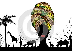 African safari animal silhouette landscape scene and portrait African woman in traditional turban, Kente afro head wrap leopard