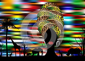 African safari animal silhouette landscape scene and portrait African woman in traditional turban, Kente afro head wrap leopard