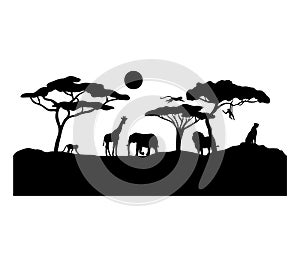 African safari animal silhouette. Vector black landscape scene with trees, lion, giraffe, elephant and monkey isolated