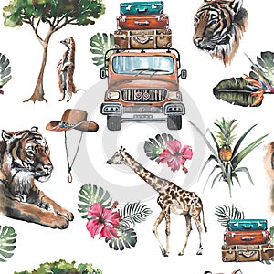 African safari animals seamless pattern on the white background.