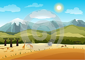 African safari flat vector banner concept. Beautiful nature landscape with cartoon animal characters. Tropical tourism