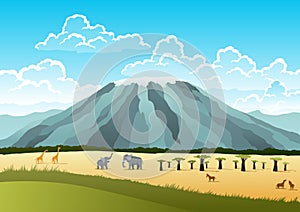 African safari flat vector banner concept. Beautiful nature landscape with cartoon animal characters. Tropical tourism