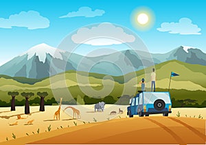 African safari flat vector banner concept. Tourists on car taking photos of cartoon characters. Tropical tourism, exotic