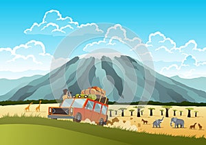 African safari flat vector banner concept. Tourists on car taking photos of cartoon characters. Tropical tourism, exotic